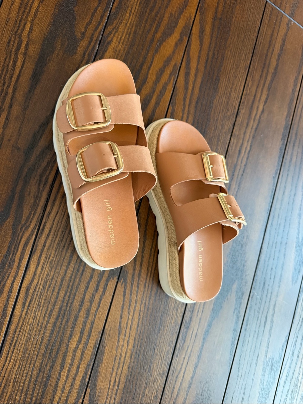 Madden Girl Women’s Tan Slide Sandals with Gold Buckles